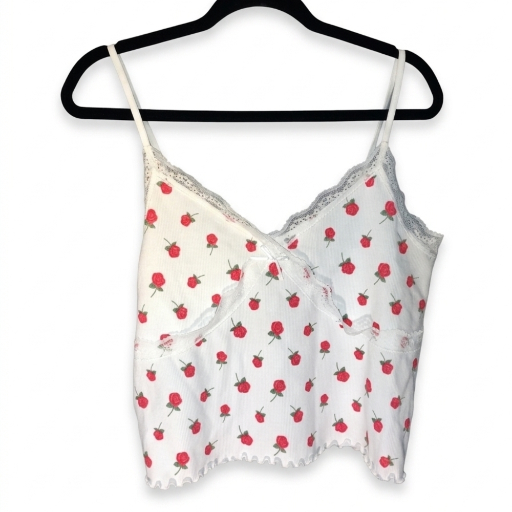 Francesca's Xl Women’s White Floral Lace-Trim Cami Top Cropped